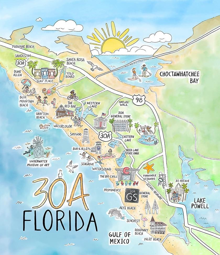 Illustrated map of 30A Florida, South Walton and surrounding coastal communities